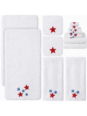 6 Pcs 4th of July Bath Towels Set - Stars Embroidered Cotton, Soft & Absorbent